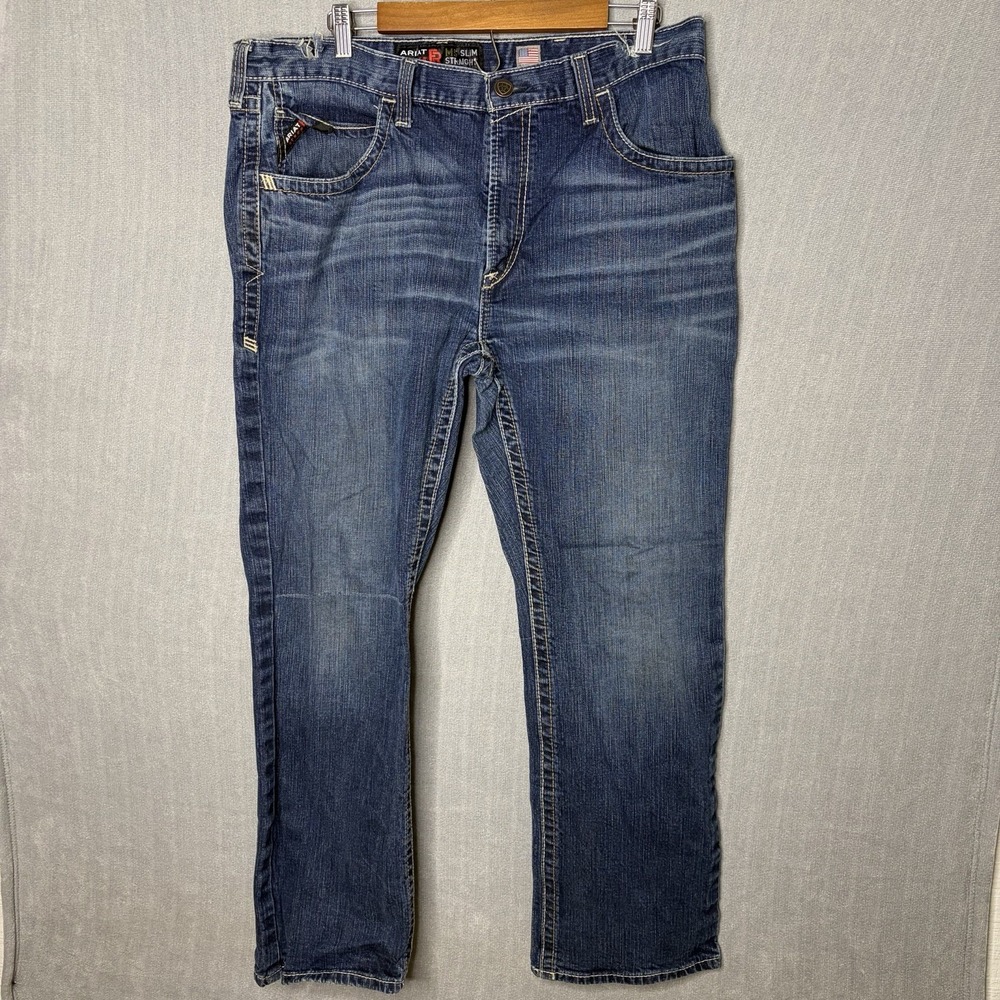 Ariat FR M5 slim straight mens jeans 38x32 Fire Retardant Whiskered Read